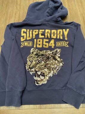 Superdry Navy Zip-Up Hoodie with Drawstring size US 12 sequin tiger on back worn